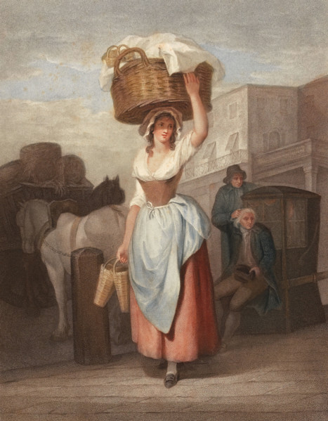 Young woman. trader with a large basket on her head. on her way to the market. England. around 1790