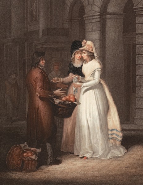 An orange seller offers his fruit to two elegant young ladies. England. around 1790. painting by