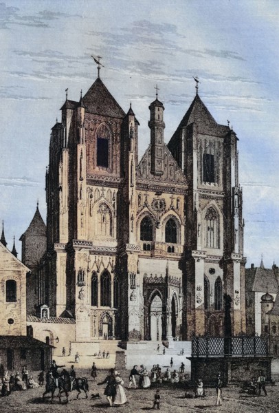 Regensburg Cathedral before the extension of the towers. around 1872. Bavaria. Germany. Historical.
