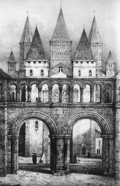 Entrance to the Abbey of Cluny in Burgundy. a former French Benedictine abbey. circa 1850. France.