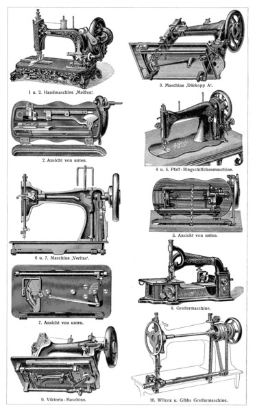 Sewing machines in the 19th century. historical. digitally restored reproduction from a
