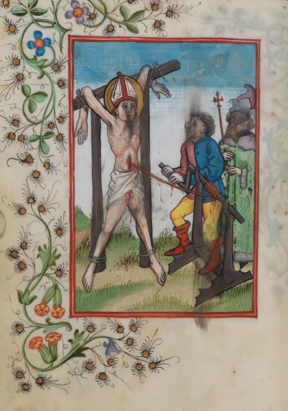Martyrdom of Saint Erasmus. Elmo or Ermo (born c. 240 in Antioch. died 303 in Formia). was a bishop