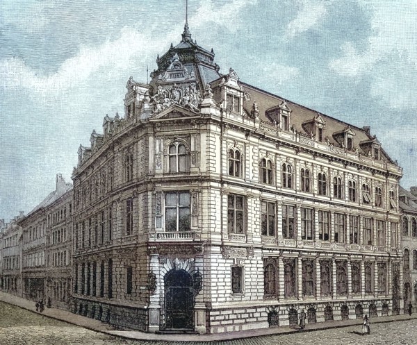 The Bayerische Vereinsbank in Munich. around 1880. Germany. digitally restored reproduction of an