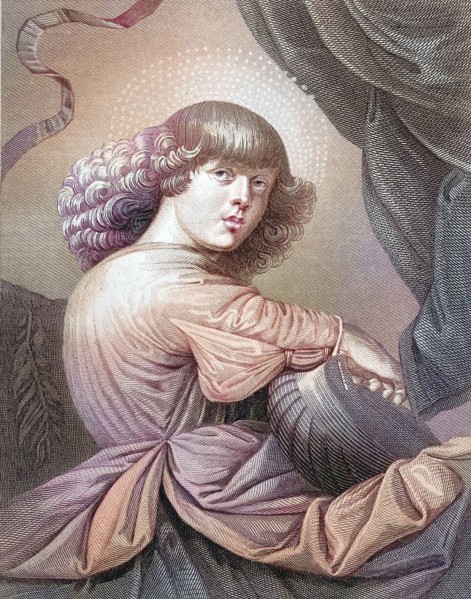 Angel playing a guitar. a boy with curly hair looks at the viewer. in a colorful robe. after a