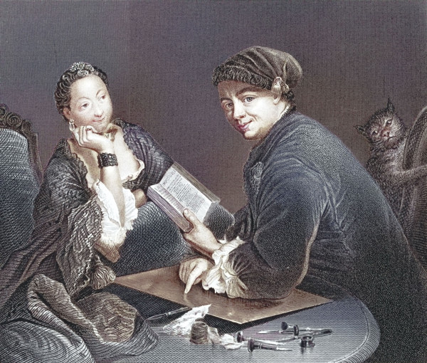Engraver Georg Friedrich Schmidt with copper plate. burin. book in conversation with a noble lady.