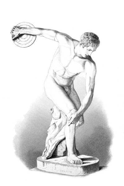 The Diskobolos. a discus thrower by the Greek bronze caster Myron. also known as the Diskobol of