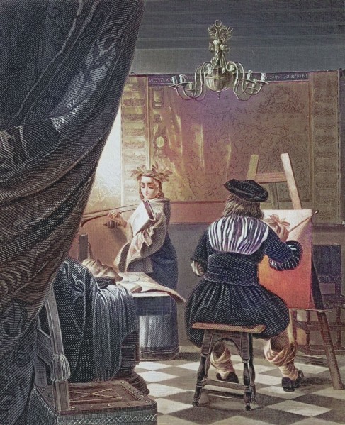 The Painter's Studio. Two artists in a studio. one painting on a canvas. surrounded by fabrics and