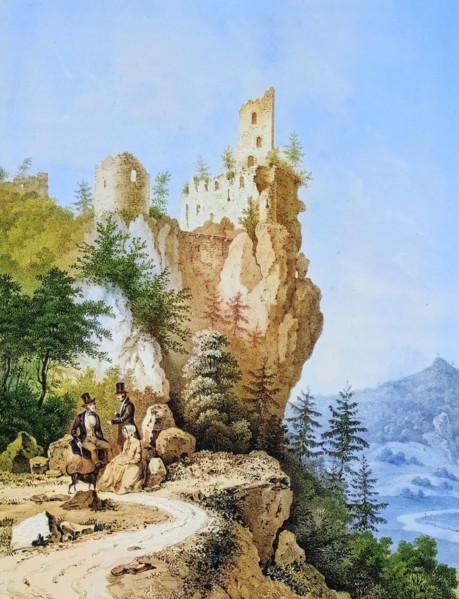 Neideck Castle ruins around 1850. a former high medieval aristocratic castle above the village of