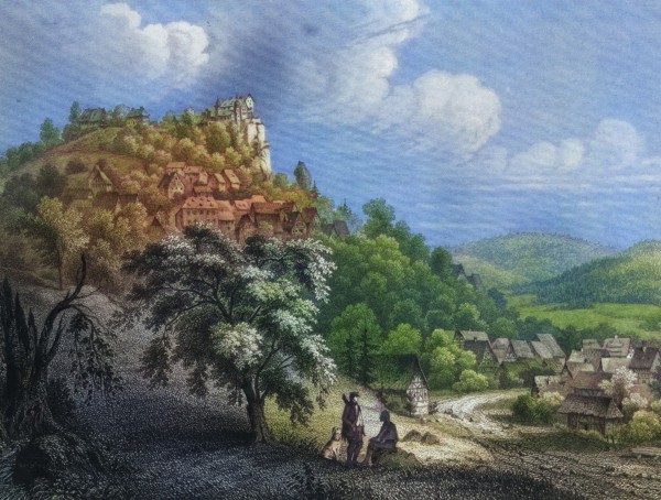 Eggloffstein Castle and Village around 1850. climatic health resort. Franconian Switzerland.