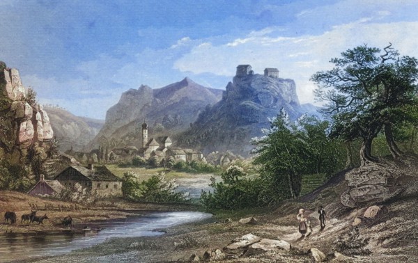 Pottenstein Castle and Village. climatic health resort. Franconian Switzerland. around 1850.