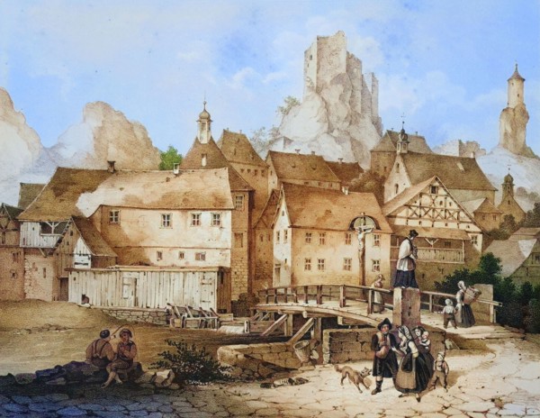 Village and castle ruins of Waischenfeld. Franconian Switzerland. around 1850. climatic health