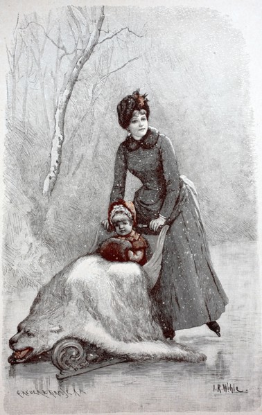 wealthy woman with ice skates out and about in winter. pushing a sled with her daughter. who is