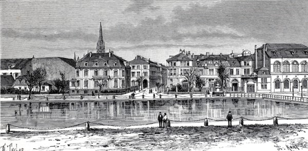 View of the city center of Mulhouse. today Mulhouse in Alsace. 1890. Germany. France. Historical.