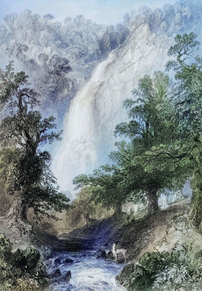 Powerscourt Fall. County Wicklow. Ireland. from The Landscape and Antiquities of Ireland. 1841.