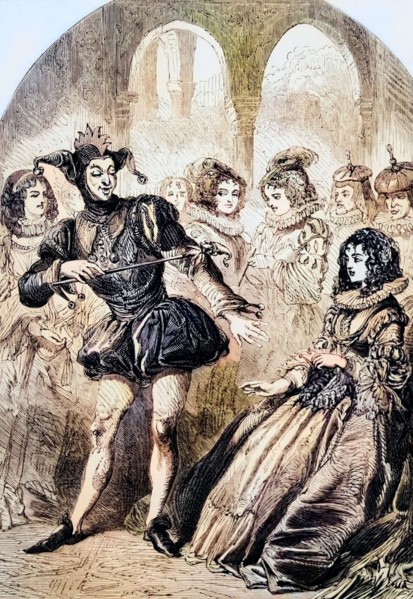 An English court jester entertains Spanish ladies during a visit by Prince Charles to Madrid. The