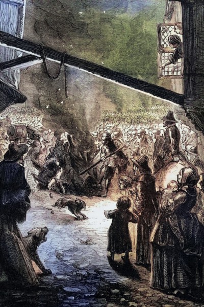 Crowds celebrate the death of Thomas Wentworth. 1st Earl of Strafford. who was executed on May 12.
