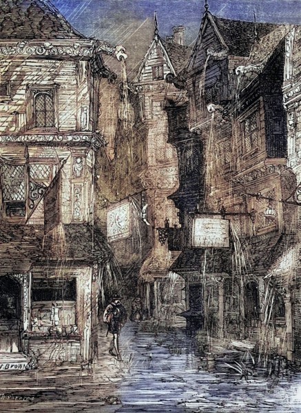 During the reign of Queen Elizabeth I. a 16th-century street during torrential rain in London.