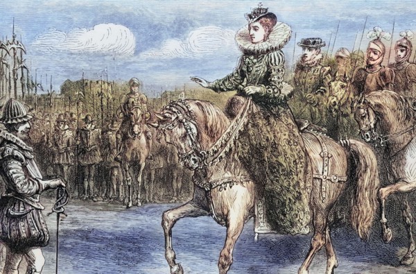 Queen Elizabeth I of England delivers her speech to the troops at Tilbury in Essex. in defense