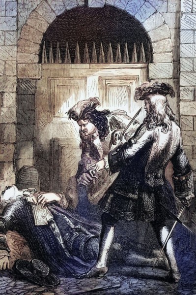 Out of jealousy of a woman. Captain Richard Hill and Charles Mohun. 4th Baron Mohun. ambushed