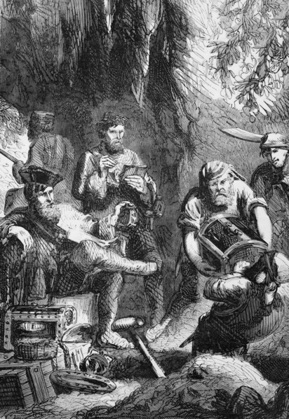 Captain William Kidd (1645 to 1701) watches his crew hide treasure in a cave. He was a Scottish