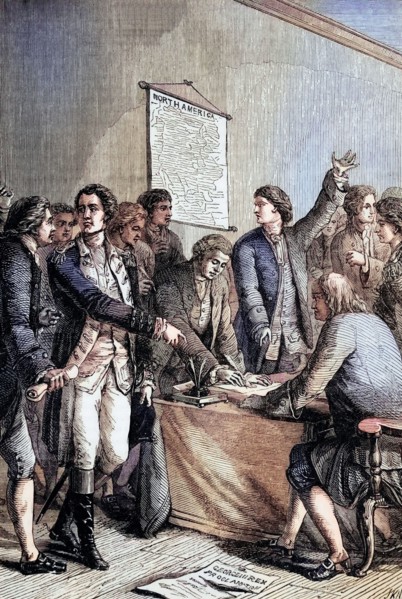 The signing of the American Declaration of Independence in the Pennsylvania State House. A