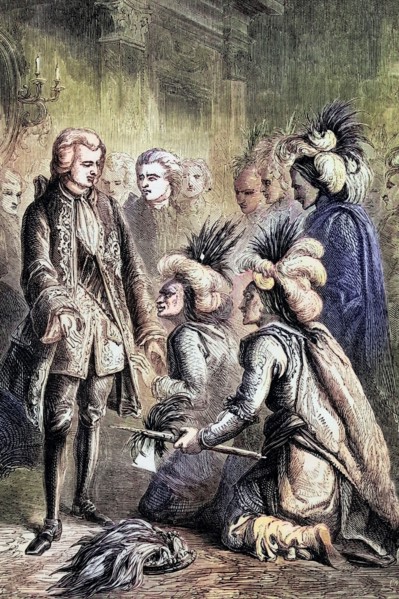 A group of visitors from the North American colonies at the court of George III in London. 1777.