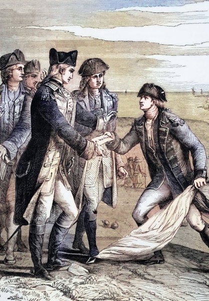 General George Washington accepts the white flag after the British surrender by Charles Cornwallis.