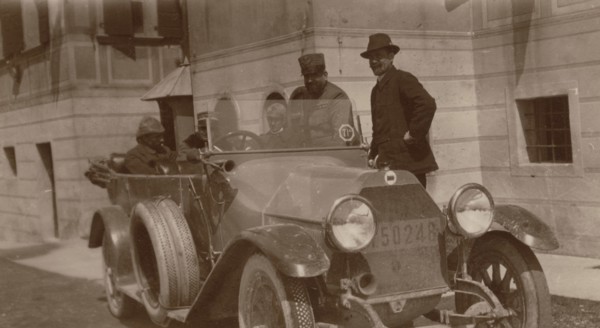 Officers of the First Army posing in a car. 1919
