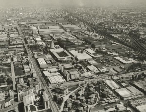Aerial view of the Pirelli factories in the Bicocca area of Milan.. ca. 1960
