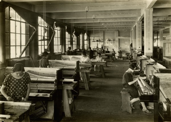 The warehouse of a piano manufacturing company