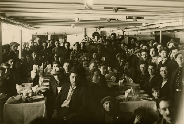 The third-class dining hall of the ocean liner Conte Verde