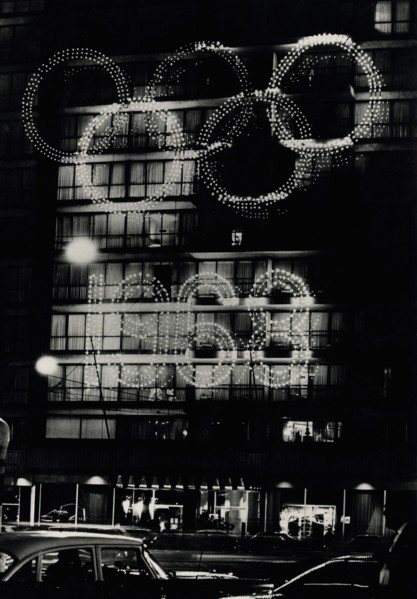 Illuminated signs of the Olympic Games in Mexico City