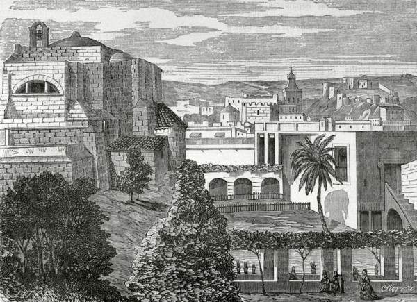 Almeria, Andalusia, Spain. View of St. Peter's Church and the Cathedral. Drawing by Letre.