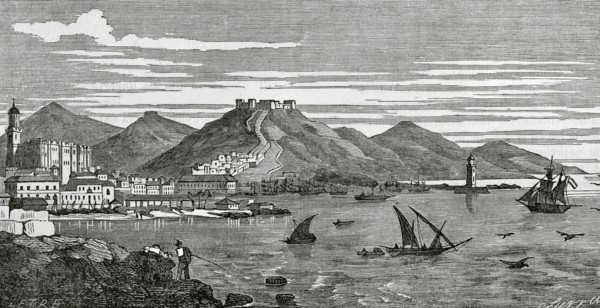Malaga, Andalusia, Spain. Panoramic view of the city from El Espigon. Drawing by Letre. Engraving