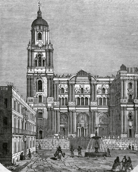 Malaga, Andalusia, Spain. View of the cathedral. Drawing by Letre. Engraving by Sierra. Cronica