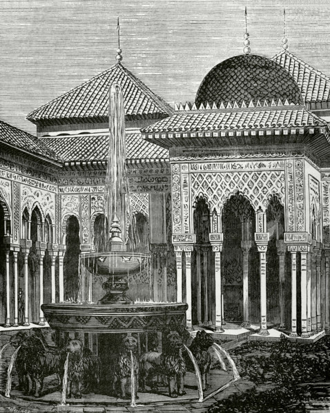 Granada, Andalusia, Spain. Alhambra. Patio and Fountain of the Lions. Engraving by Soriano. Cronica