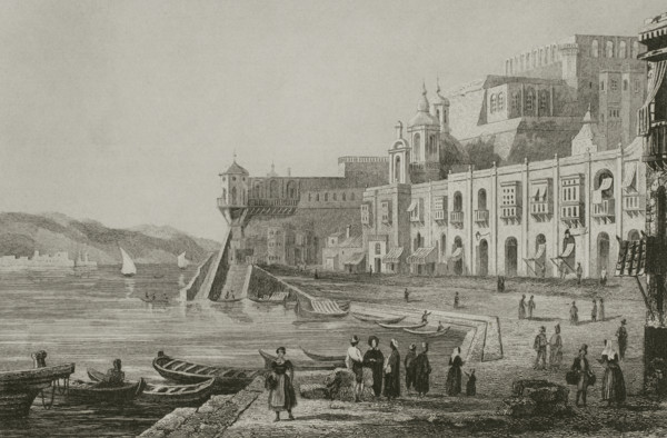 Valletta, Malta. Dock. Engraving. Lemaitre direxit. History of Malta and Gozo, by Frederic Lacroix.
