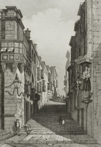 Valletta, Malta. Saint John street. Engraving. Lemaitre direxit. History of Malta and Gozo, by
