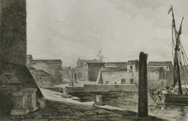 Sardinia. Porto Torres (Posthudorra). View of the town. Drawing by Vormser. Engraving by Traversier
