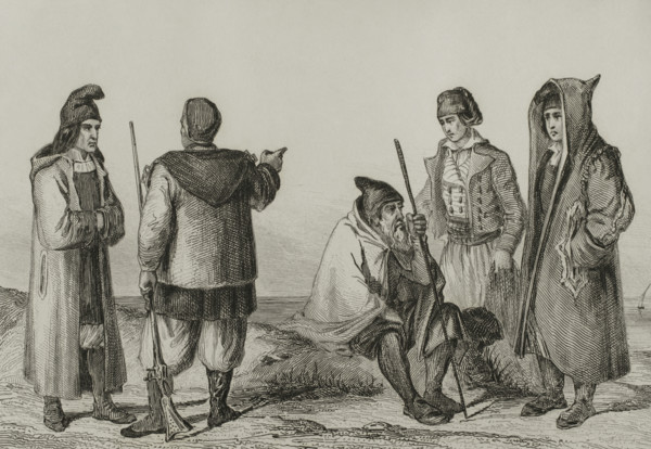 Sardinia. Sardinian traditional costumes. Engraving by Chaillot. Lemaitre direxit. History of Malta