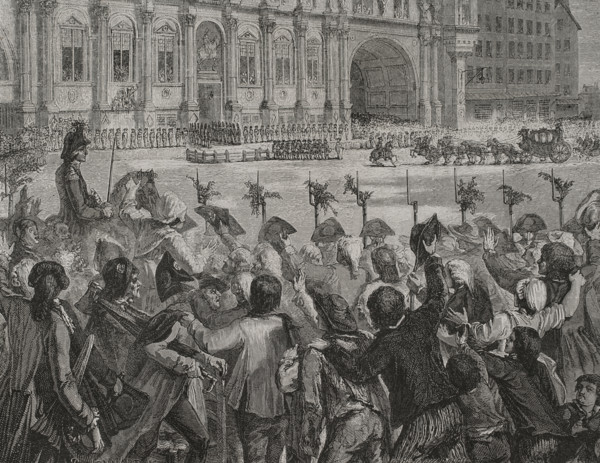 French Revolution. King Louis XVI (1754-1793) arriving at the town hall of Paris on 17 July 1789.