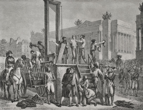 French Revolution. Public execution by guillotin of Maximilien Robespierre (1758-1794) and Louis