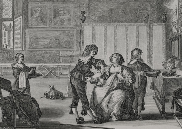 The surgeon. Preparation of a woman for bloodletting by venesection, 1632. Engraving by Huyot after