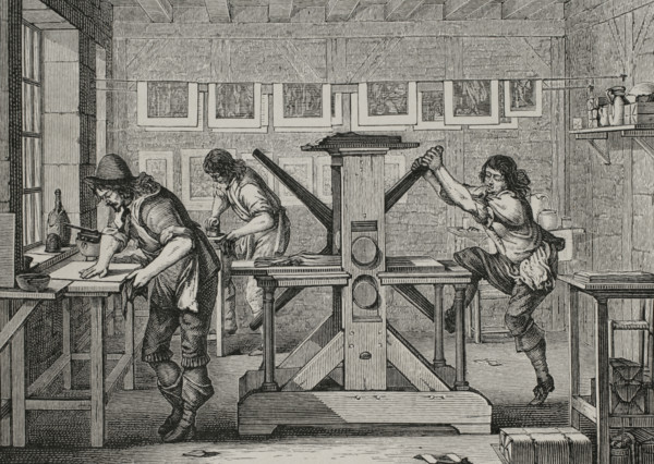 Workshop of an engraver. France. Engraving by Abraham Bosse (h. 1604-1676), 1642. XVIIme siecle: