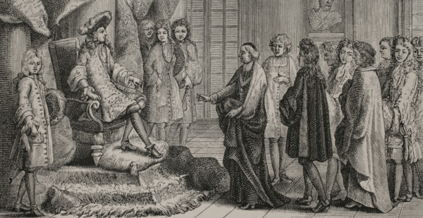 Members of the Academie Francaise (French Academy) presenting King Louis XIV (1638-1715) with the