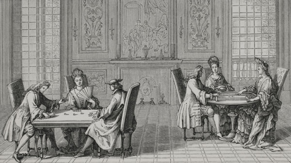Board games at French court during the reign of Louis XIV (1643-1715). Engraving by Sebastien