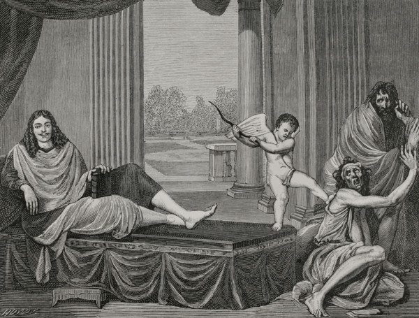 Moliere evoking the genie of comedy to punish vice and unmask hypocrisy. Engraving by Huyot based