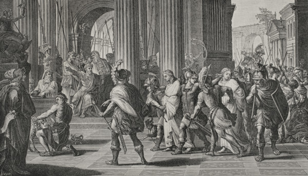 Milan. Saint Gervase and Saint Protase brought before the Roman general Astasius for professing