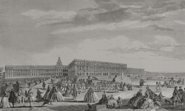 France. View of the Palace of Versailles, from the terrace opposite the chapel. Engraving by Huyot