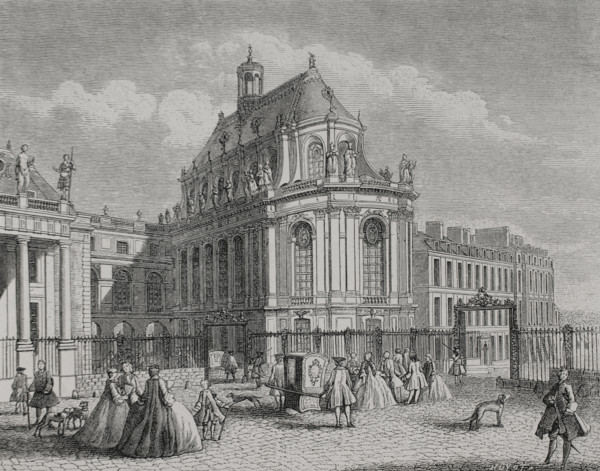 France. View of The Royal Chapel of the Palace of Versailles, from the courtyard side. Engraving by